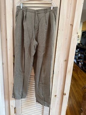 Y2K J. Crew Men's Linen Pleated Cuffed Pants- Relaxed fit. Olive 36x32